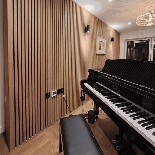 Modern music room finished with Royal Slat wood panels